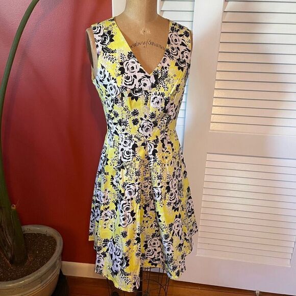 MOON | neon yellow black floral pattern dress S - Picture 1 of 7